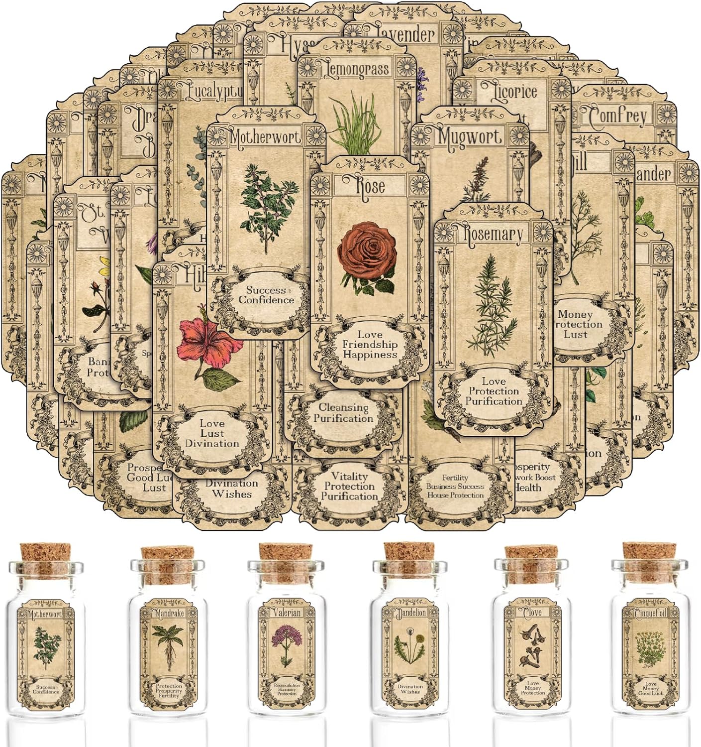Skiennix 72Pcs Vintage Herb Spice Labels - Apothecary Stickers for Jars & Bottles