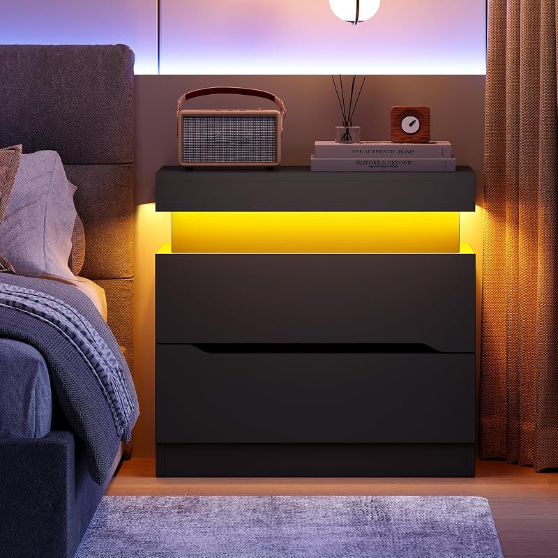 Nightstand Set of 2 with 2 Drawers and App-Controlled RGB LED Light – Black