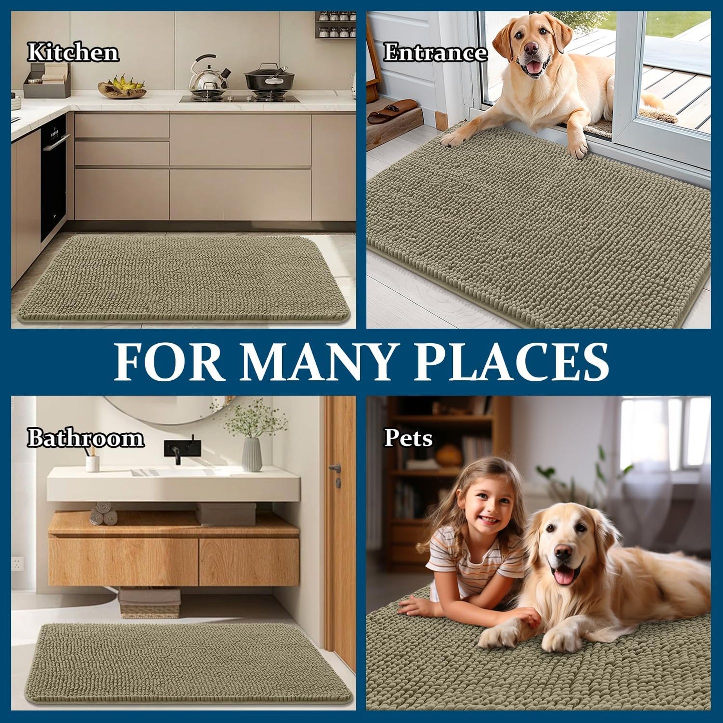 OLANLY Dog Door Mat - Absorbent Non-Slip Chenille Mat for Muddy Paws | 59x24 Warm Taupe Indoor Carpet