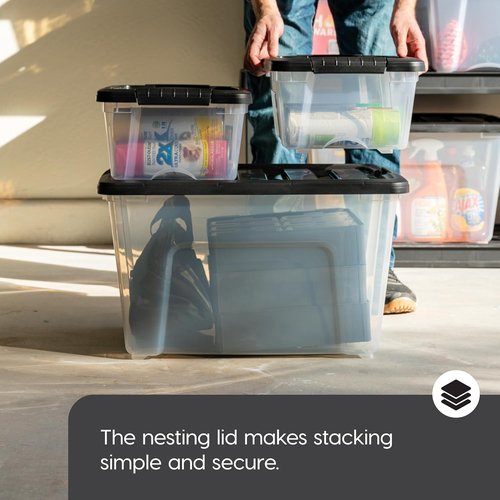 IRIS USA 13 Qt Stackable Storage Bins with Lids - BPA-Free, Durable & Nestable | Clear/Black, 4 Pack