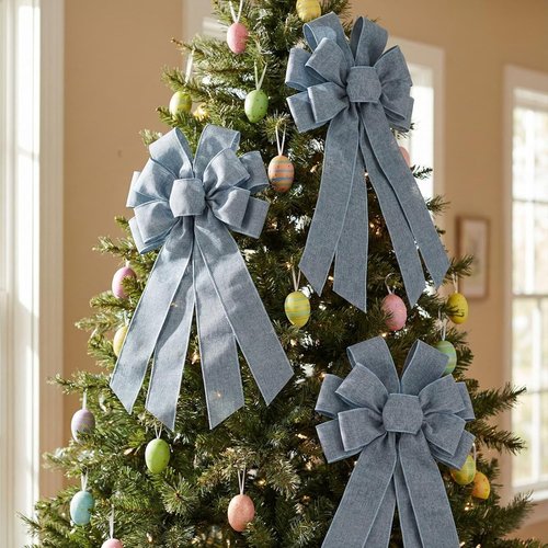 Denim Blue Large Bow - 11x21 Inch Wired Ribbon for Wreaths & Tree Toppers | Perfect for Spring & Patriotic Decor