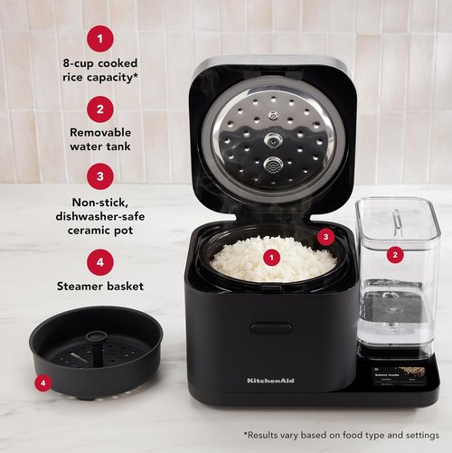KitchenAid 8-Cup Grain & Rice Cooker - Automatic Sensing Scale & Water Tank, Black Matte