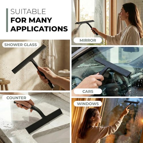 GÜTEWERK Silicone Shower Squeegee - Streak-Free Glass & Mirror Cleaner | 3-in-1 No-Drill Mount, Black, 13 Inches