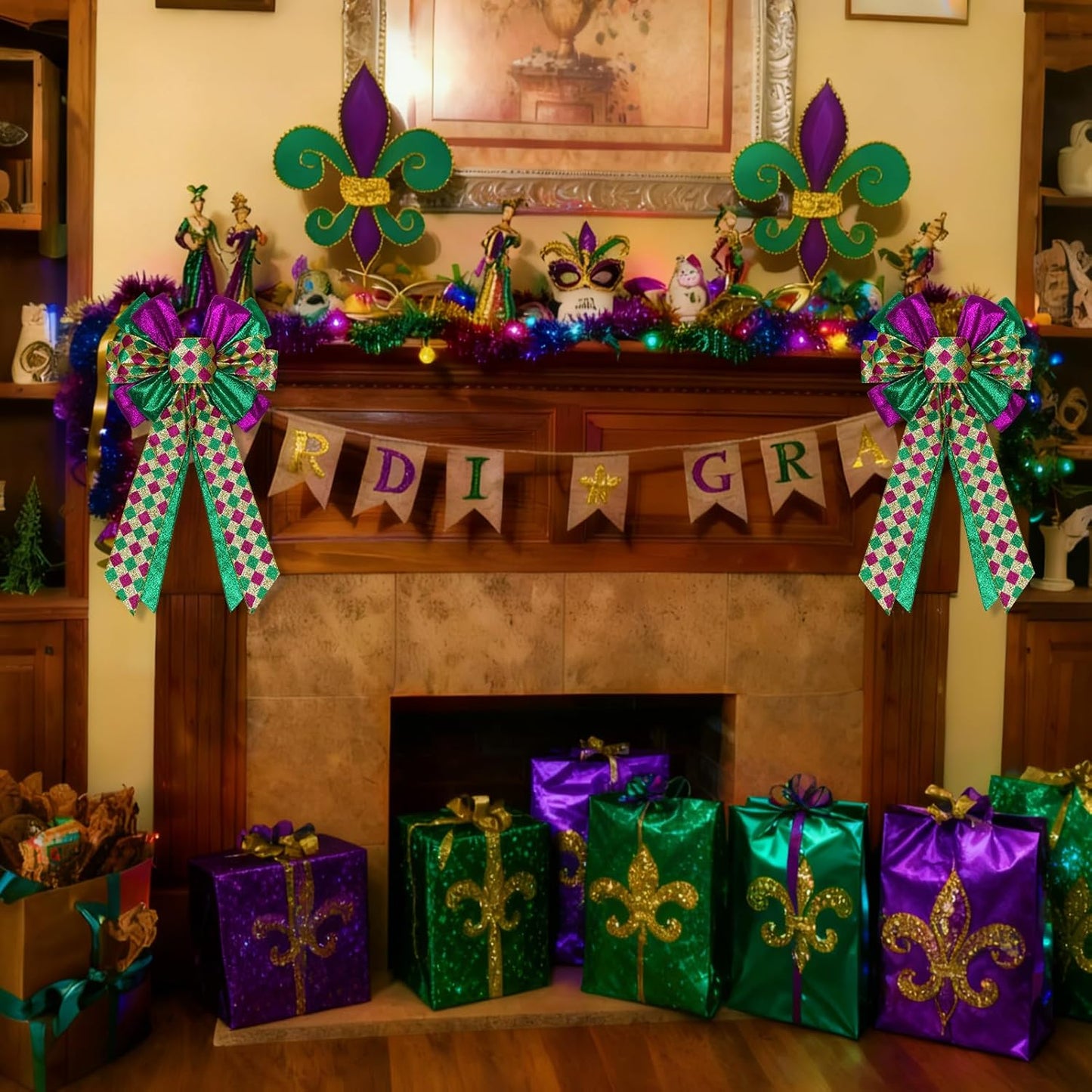 Skiennix Mardi Gras Bows - Large 12”x20” Glitter Tree Topper Decor for Holiday Parties & Wreaths | Gold, Green, Purple