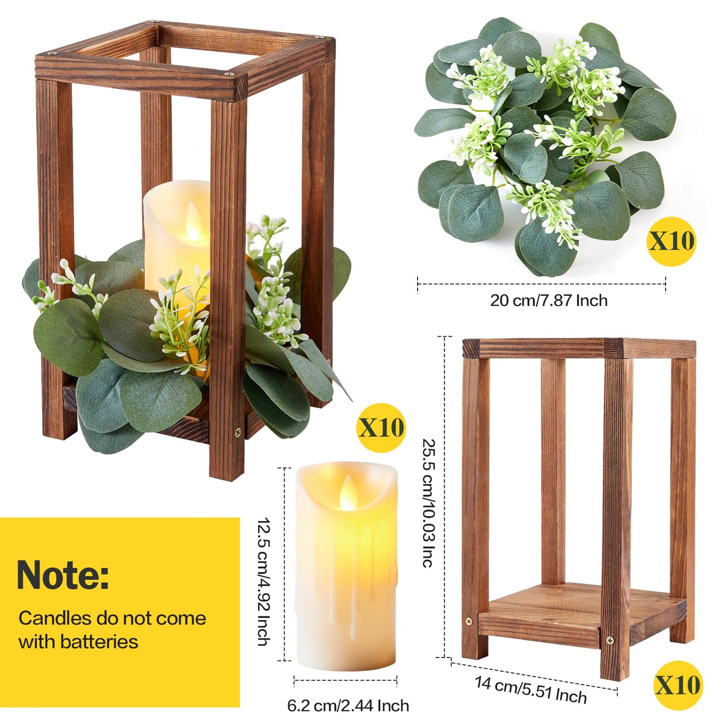 Neoflavie 30 Pcs /10 Set Wedding Lantern Centerpiece for Table-Wooden Candle Lantern Bulk Includes 10 Farmhouse Wooden Candle Holder 10 Flameless LED Candles 10 Eucalyptus Leaves Wreath for Decoration