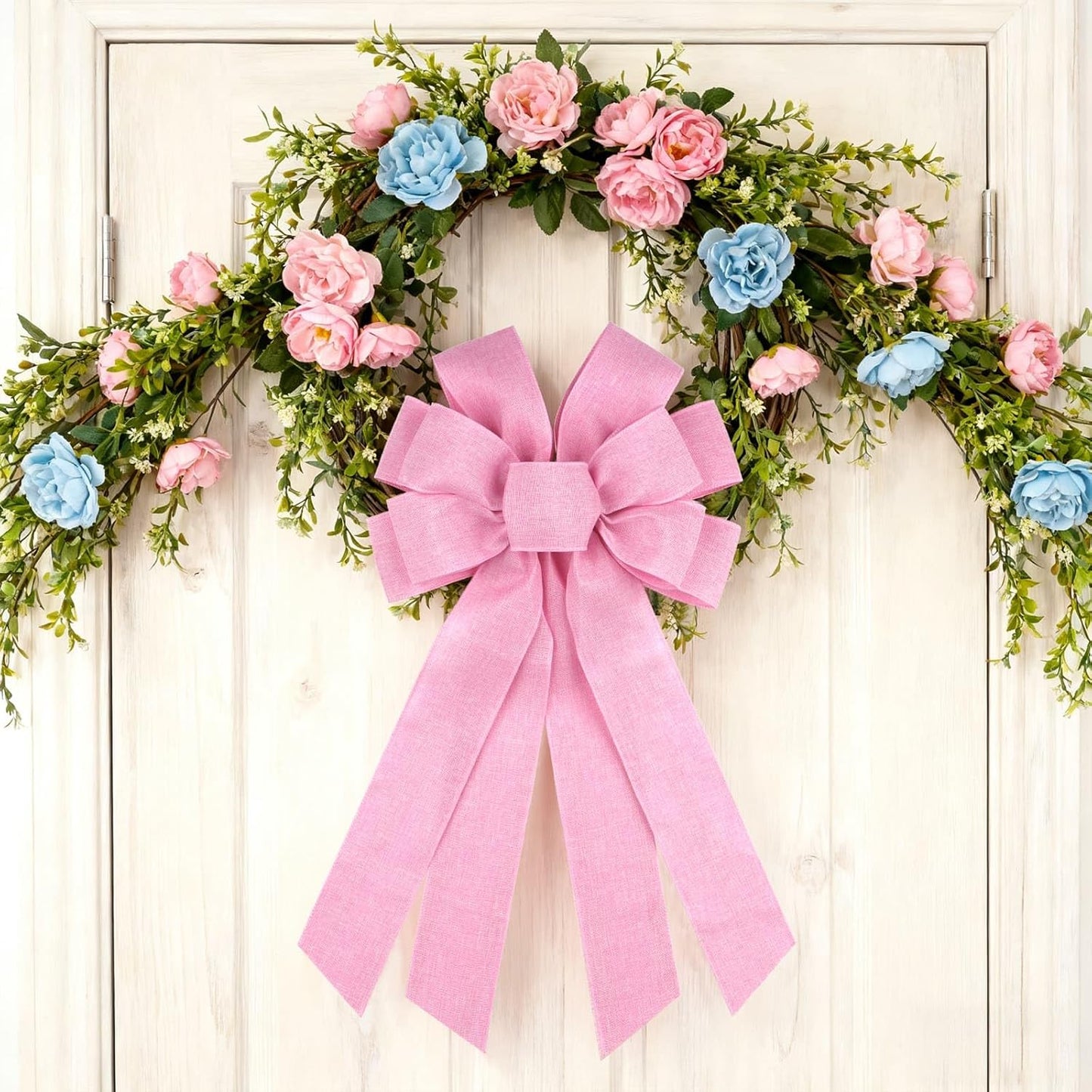 Skiennix Baby Pink Large Bow - 11x21 Inch Linen Texture Wired Ribbon for Wreaths & Decor