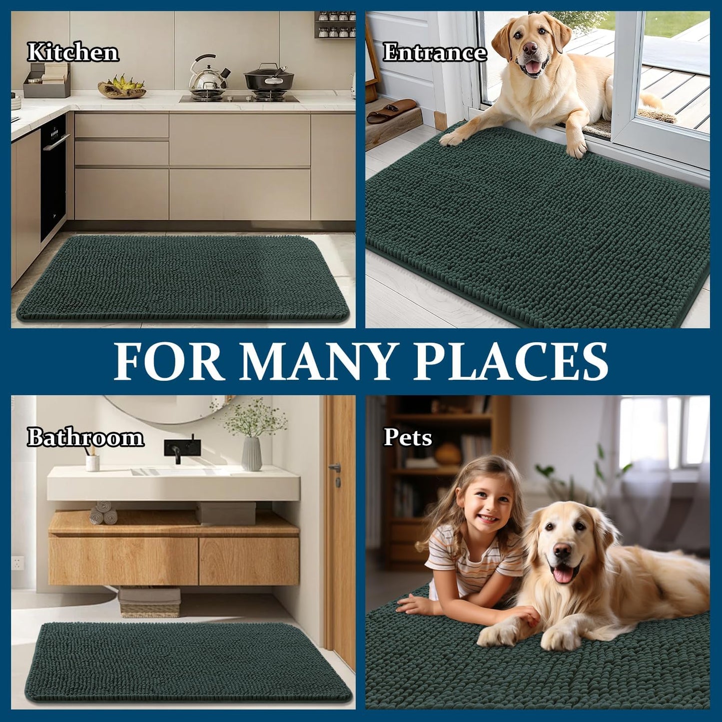 OLANLY Dog Door Mat - Absorbent Non-Slip Muddy Paws Mat | Quick Dry Chenille, 34x21, Blackish Green