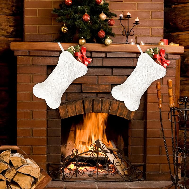 White Bone-Shaped Knitted Dog Christmas Stocking - Large 16.5" x 9.4"