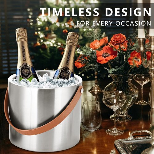 4L Ice Bucket with Lid, Scoop,Tongs & Strainer, Stainless Steel Double Wall Insulated Ice Buckets for Parties & Cocktail Bar, Large Outdoor Champagne Ice Container, Light Brown Handle