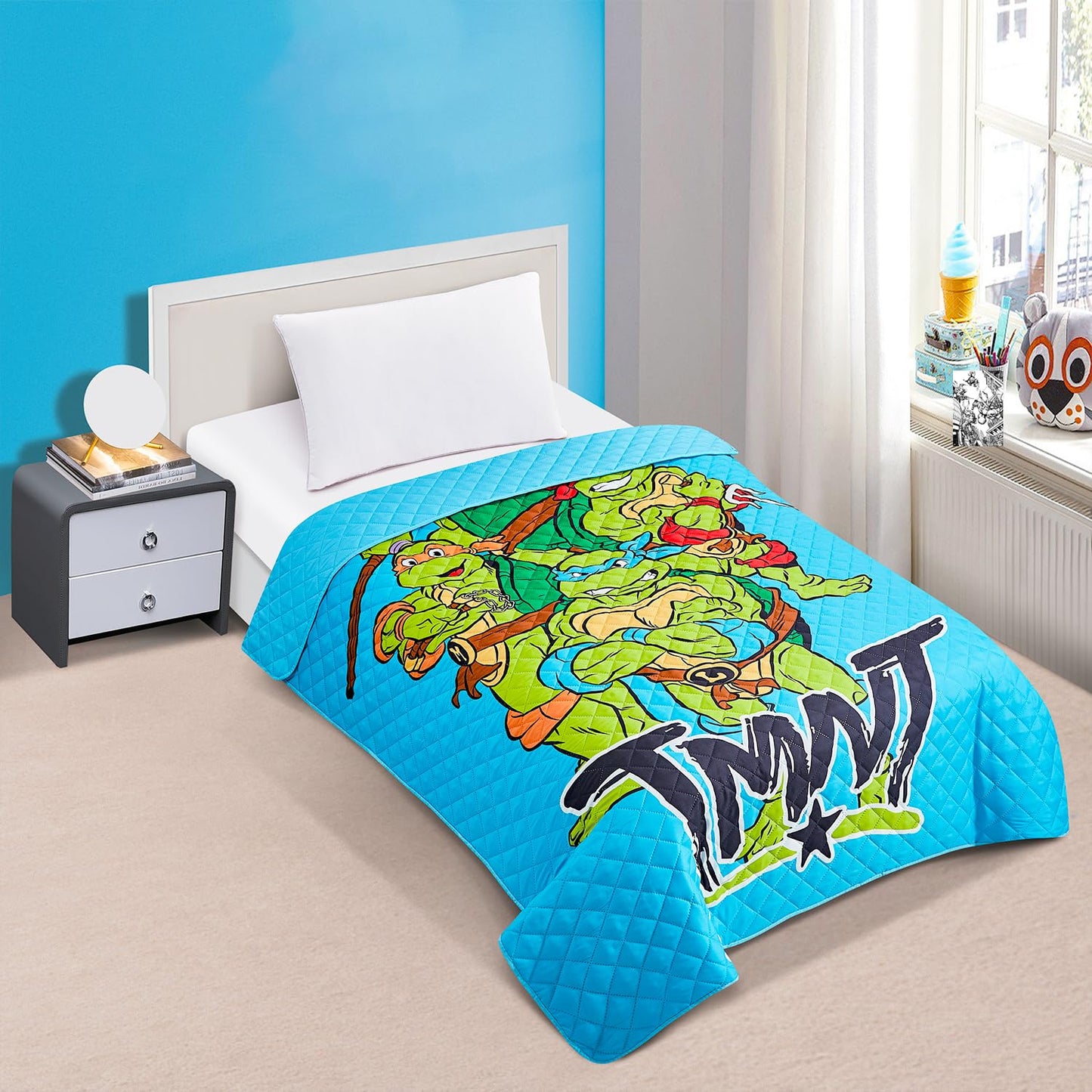 Teenage Mutant Ninja Turtles Bedding Set Twin Bed - Bundle with TMNT Bedspread, Flat Sheet, Fitted Sheet, and Pillowcase Plus Posters, Tattoos, More | TMNT Bedroom Set Twin