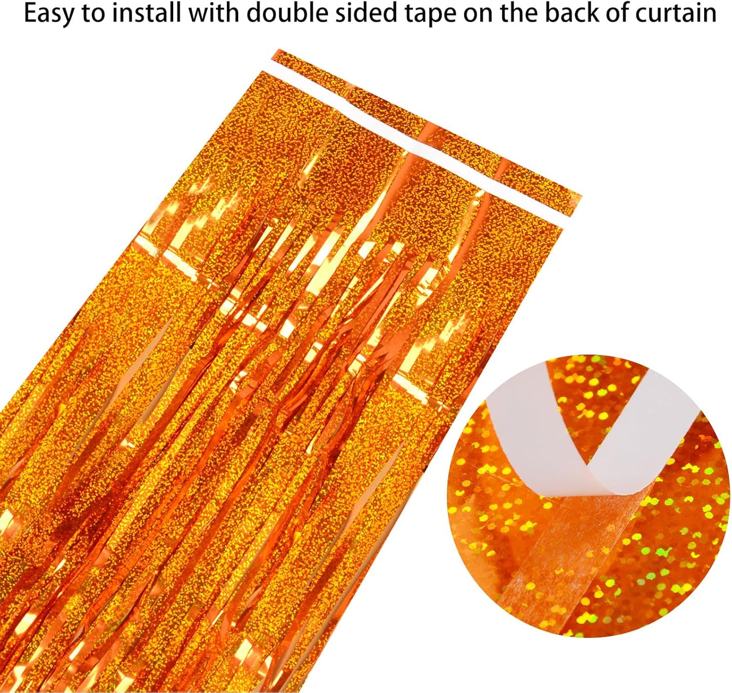 Melsan Tinsel Fringe Curtain - Upgraded Thicker Metallic Streamers | 3 Pack, 3.2 x 8.2 ft, Orange for Parties