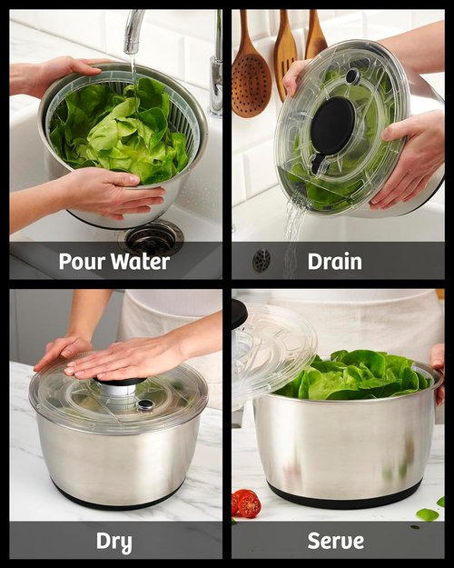 Lily&Stone Large Stainless Steel Salad Spinner - Quick Multi-Use Lettuce Dryer & Fruit Washer | 6.33 Qt