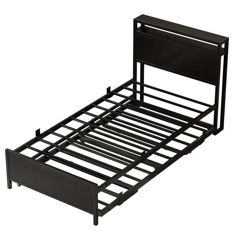 IRONCK Twin Daybed with Trundle, Storage Headboard & Charging Station - Black