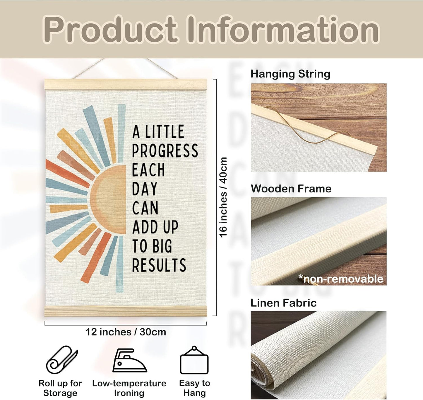 TLESKE Inspirational Mental Health Poster Frame - Progress Each Day Wall Art for Kids' Room | 12x16 Boho Sun Design