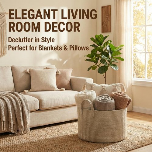 JMvicyroam 65L Extra Large Blanket Basket for Living Room - Woven Cotton Rope Laundry Hamper with Reinforced Handles - Storage Bin for Pillows, Comforters & Toys - Machine Washable,Oatmeal