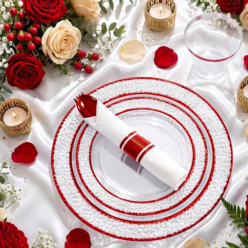 350 Piece Red Plastic Plates for Weddings & Holidays - Clear & Red+350 Variation