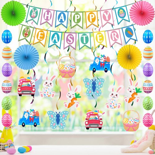 32Pcs Easter Decorations Easter Decor Happy Easter Banner Egg Bunny Garland Hanging Swirl for Home Office School Classroom Themed Party Decorations