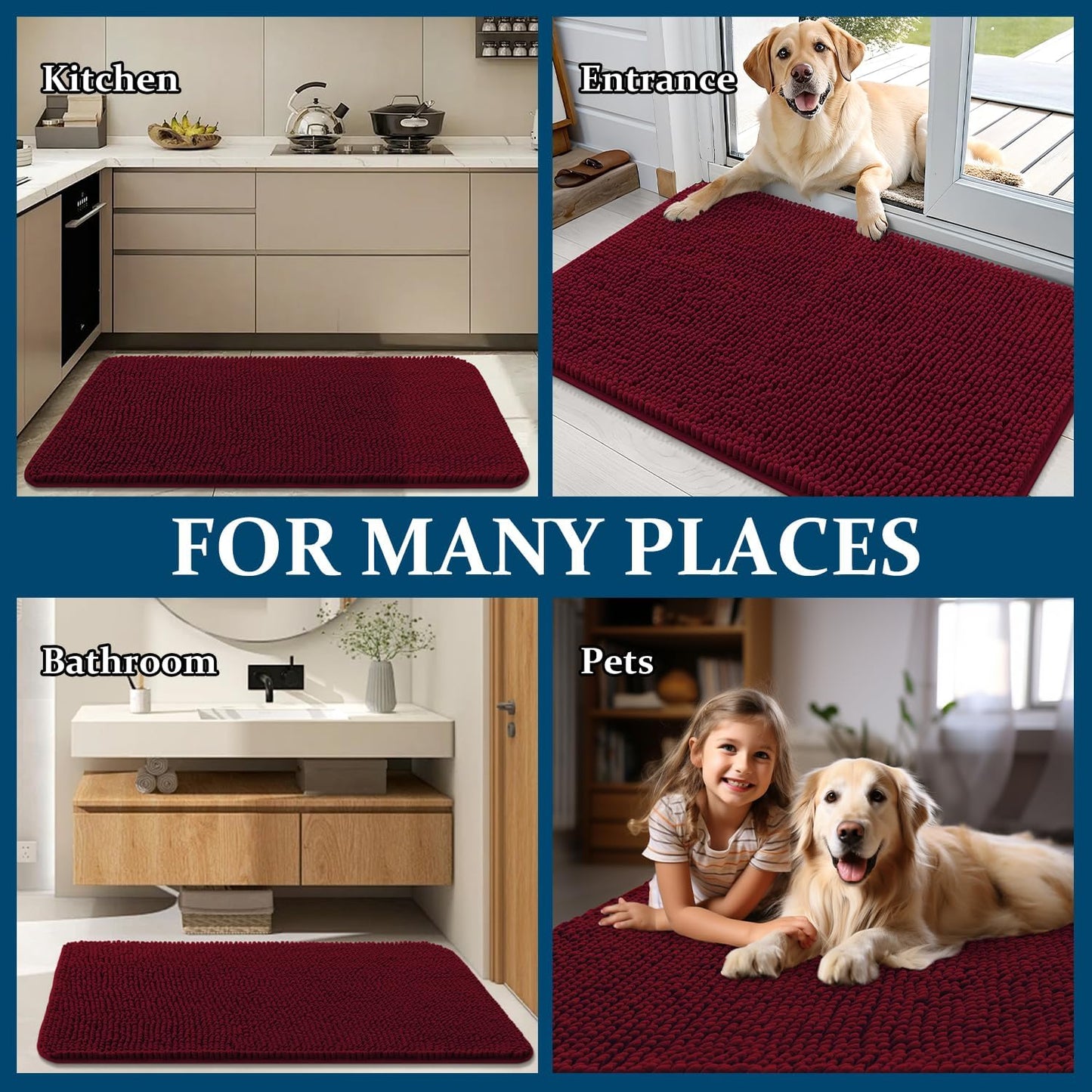 OLANLY Dog Door Mat - Absorbent Non-Slip Chenille for Muddy Paws | 47x32, Quick Dry, Burgundy