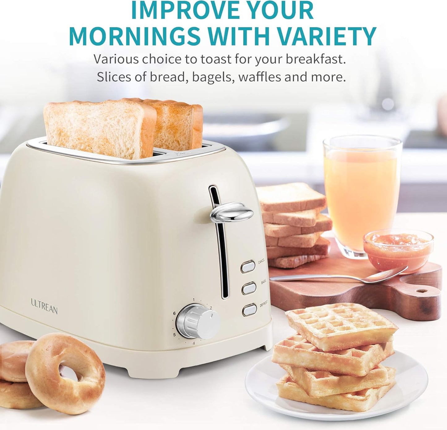 Ultrean 2-Slice Toaster - Extra-Wide Slot for Bagels & Waffles | Stainless Steel with 6 Browning Settings