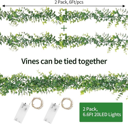 Artflower 9 Pack Artificial Eucalyptus Garland with Lights, 5.9Ft/pcs Faux Eucalyptus Vines Greenery Garland Fake Eucalyptus Plant for Wedding Backdrop Arch Wall Decor, Grey Green