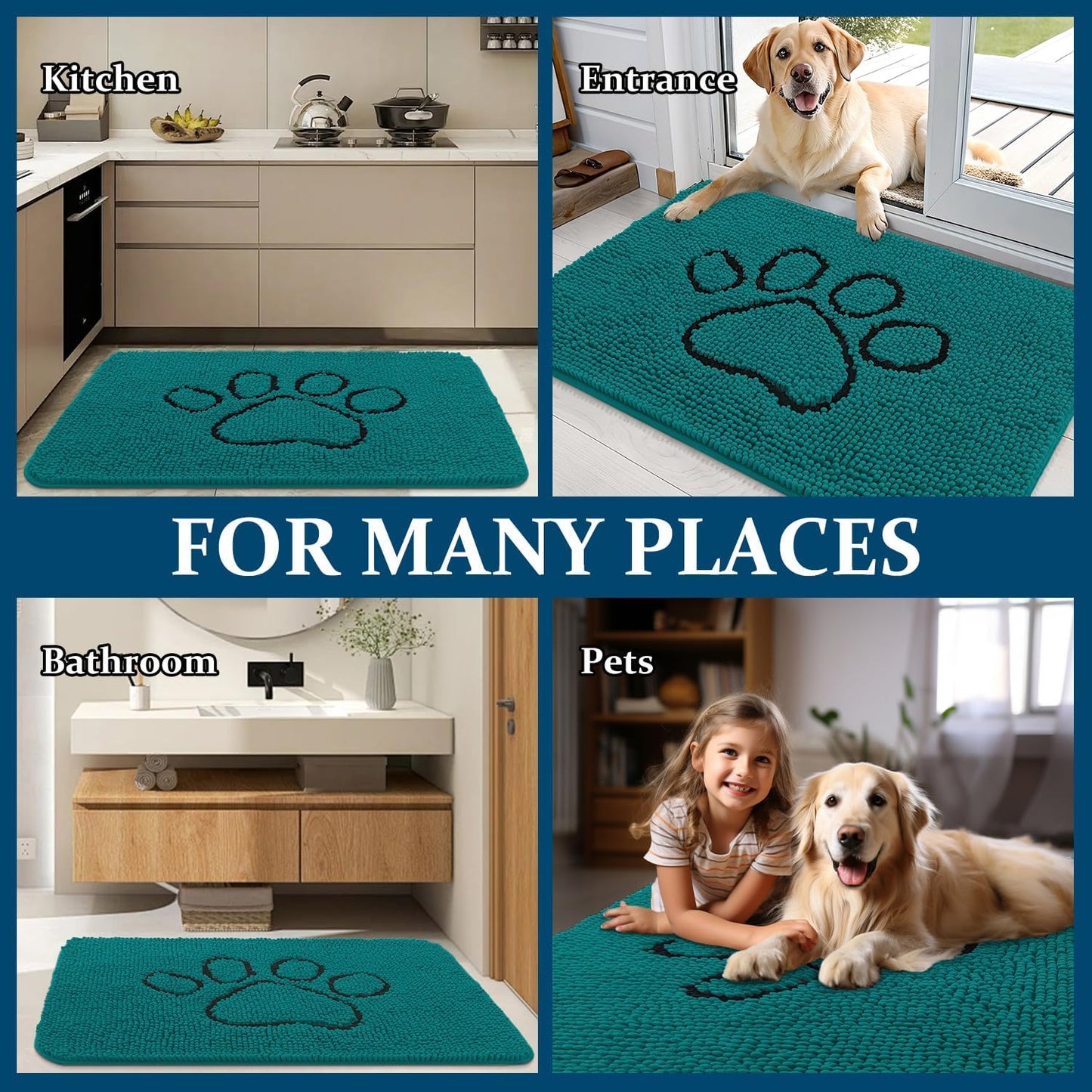 OLANLY Dog Door Mat - Absorbent Non-Slip Mud Mat for Muddy Paws | 36x24 Paw Print Design in Lake Blue