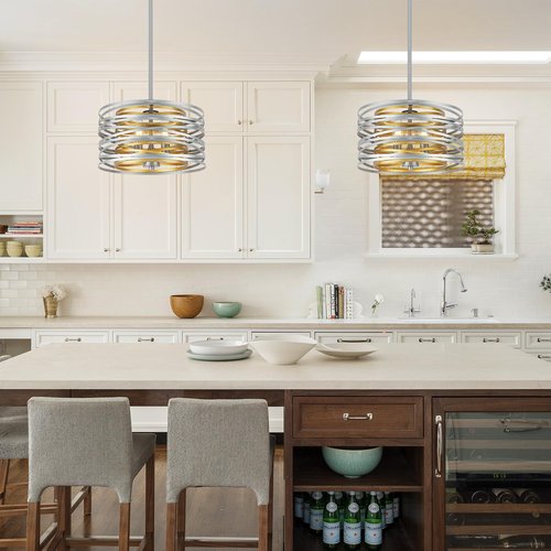 ACNKTZ 12.6'' Drum Pendant Light Fixture Hanging, Retro Semi Flush Mount Chandelier, Silver Chandeliers for Dining Room Bedroom Stairwell Breakfast Area, Silver with Gold Interior