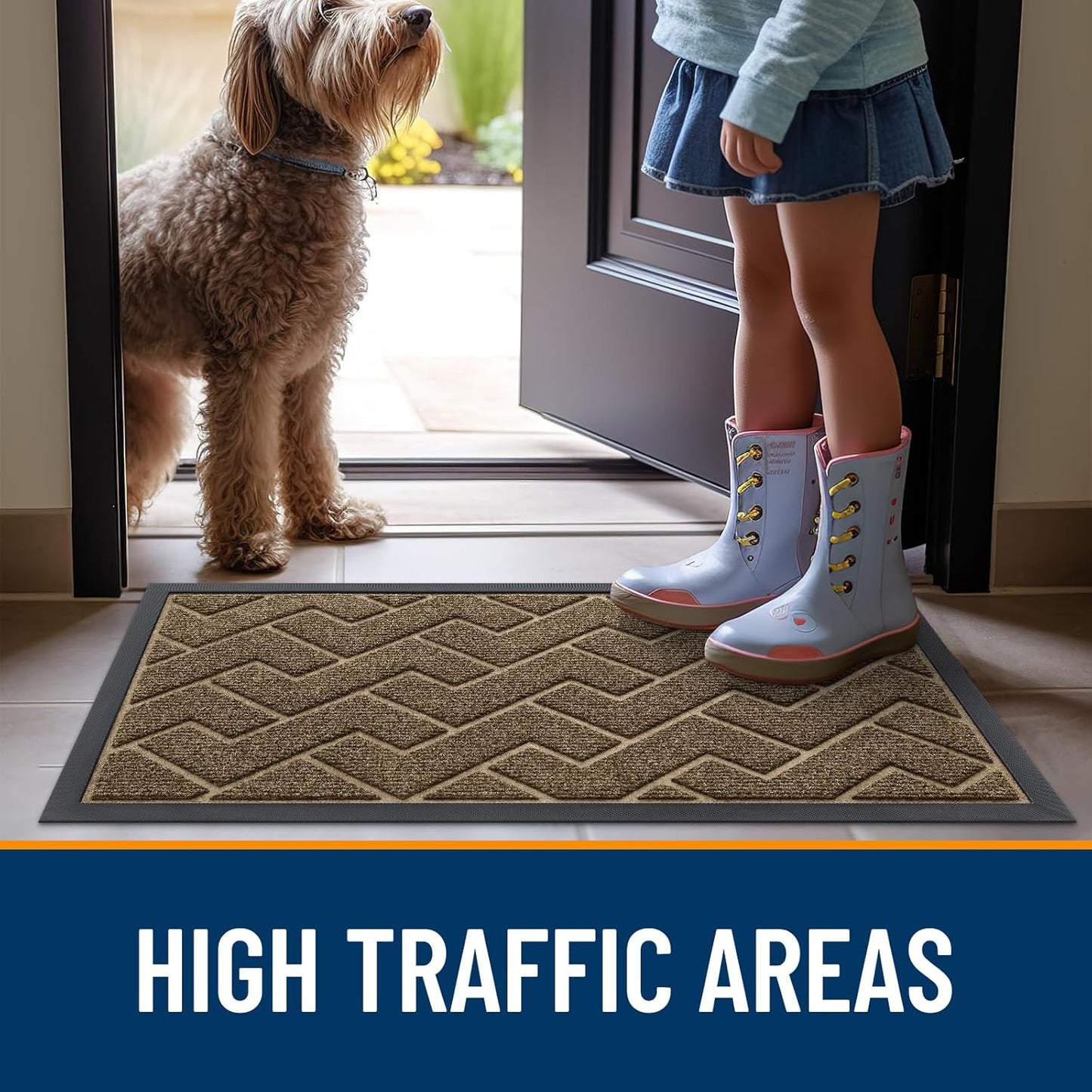 OLANLY Waterproof Front Door Mat - All-Season Indoor/Outdoor Doormat | Sturdy Natural Rubber, Herringbone Brick (Brown, 47x17)