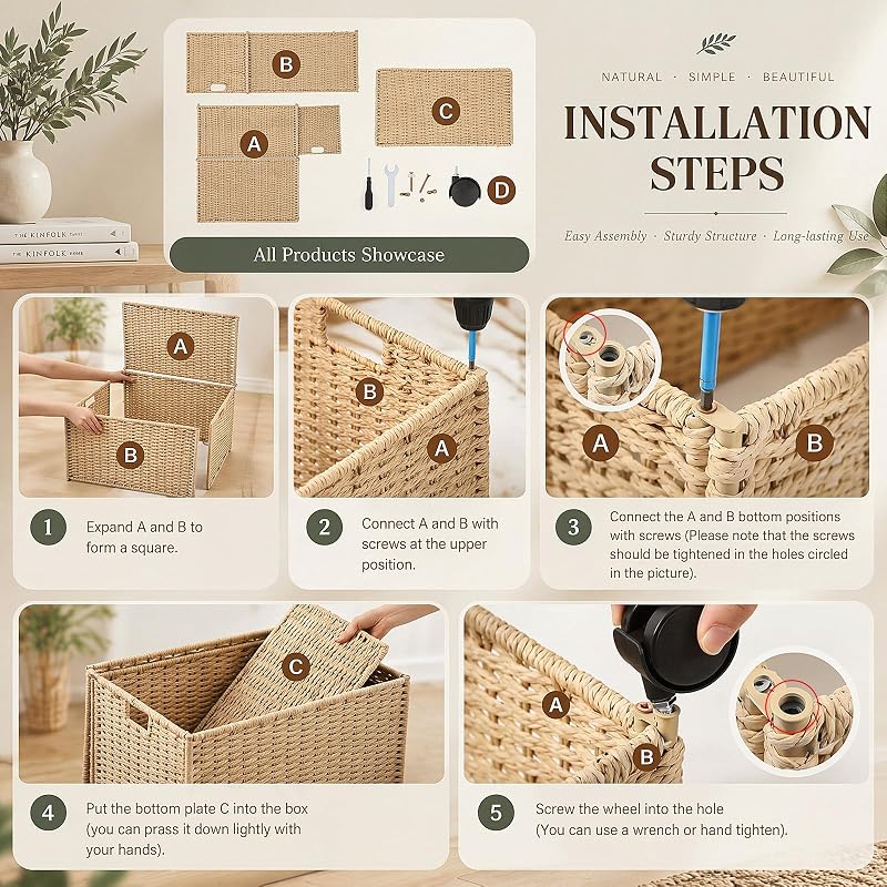 17.2 Gallon Wicker Storage Trunk Basket with Lid and Wheels – Natural Paper Rope, 65 L — Variation: Natural+17.2 Gallon/65 L+Paper