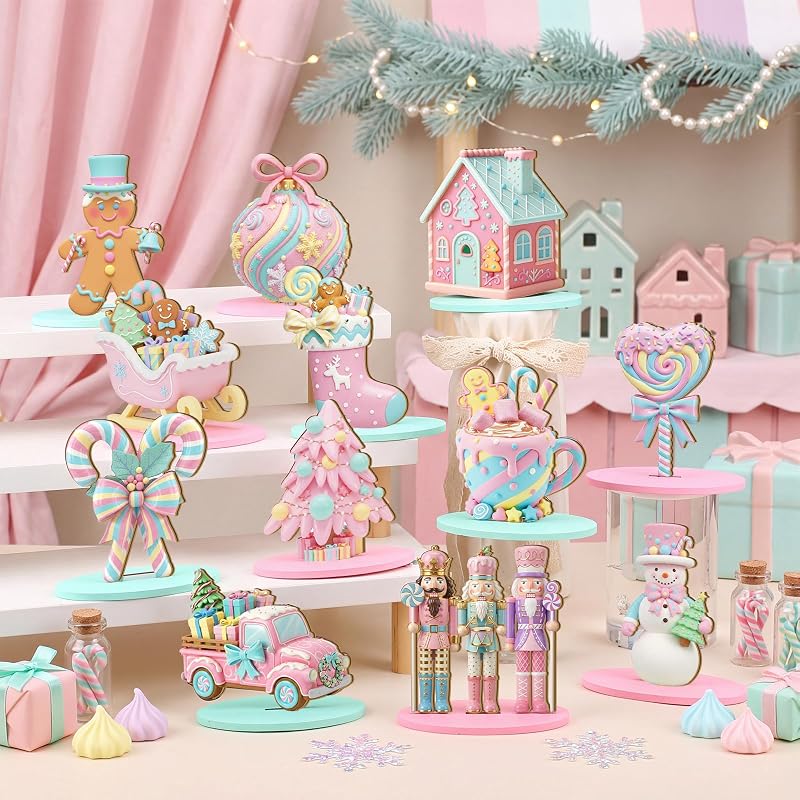 Candy Themed Christmas Table Decor Set, 12 Wooden Centerpieces – Pink Pastel Nutcracker, Snowman, Truck & Gingerbread (Variation: Candy)