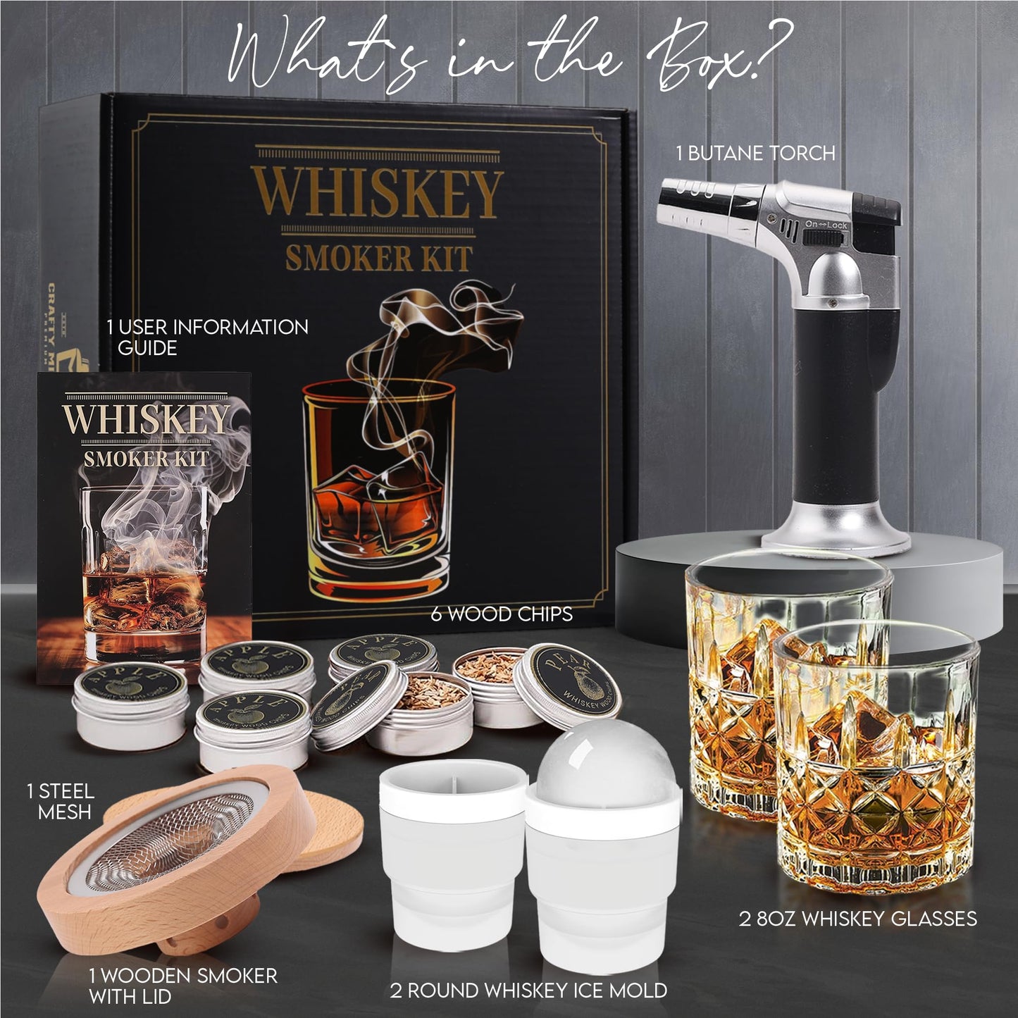 Whiskey Smoker Kit with Torch, Cocktail Smoker Kit, Smoked Old Fashioned Set, Bourbon Whiskey Gifts for Men with Glasses, No Butane Included