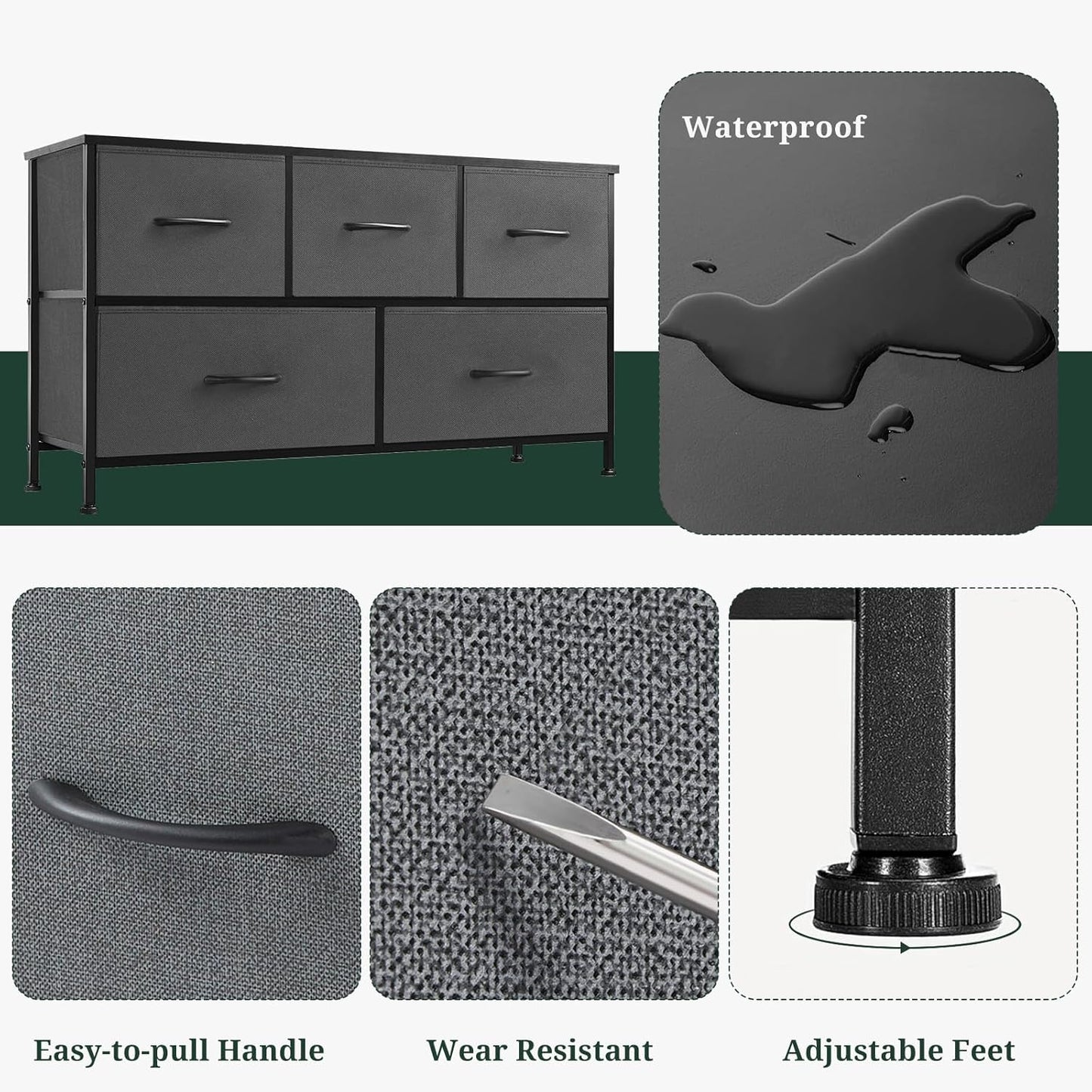 Regine Switzerland 5-Drawer Dresser - Anti-Tip Fabric Storage Organizer with Wooden Top | Gray