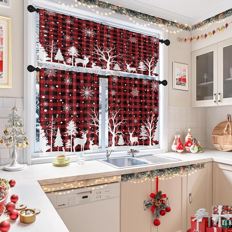 Christmas Kitchen Curtains Tier Set - Red Plaid, 3 Pieces (Valance + 2 Panels) - Variation: Christmas Red Plaid