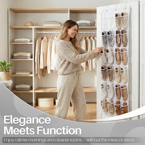 Flexzion Over The Door Shoe Organizer - Space-Saving Hanging Rack with 24 Clear Pockets & 3 Hooks | White