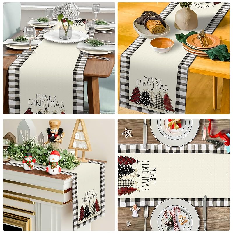 Red & White Christmas Table Runner 13x48 in - Buffalo Check Holiday Decor, 48in