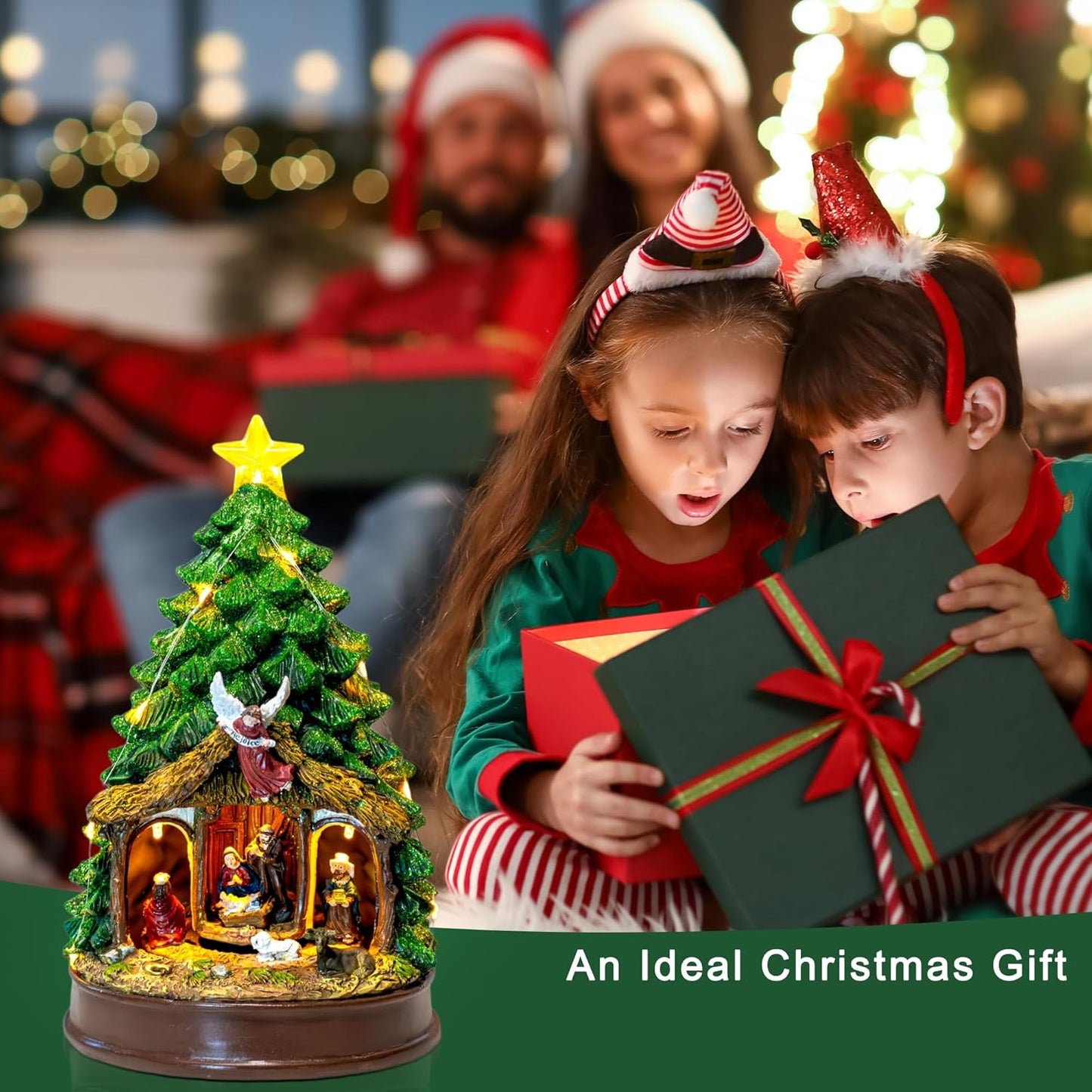 Regine Switzerland Christmas Tree Nativity Scene - Lighted & Animated Angel Family Figurines | Musical Silent Night Decor