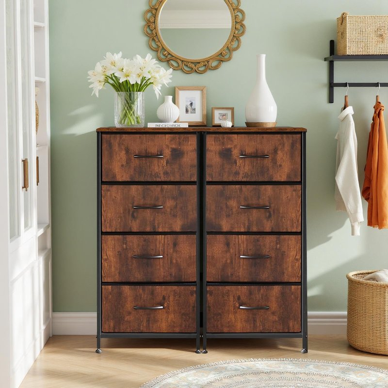 Nightstand, 4 Drawer Dresser End Table Bedside Furniture with Wooden Top Steel Frame Fabric Bins for Bedroom, Closet, Entryway, Dorm, Living Room, Brown