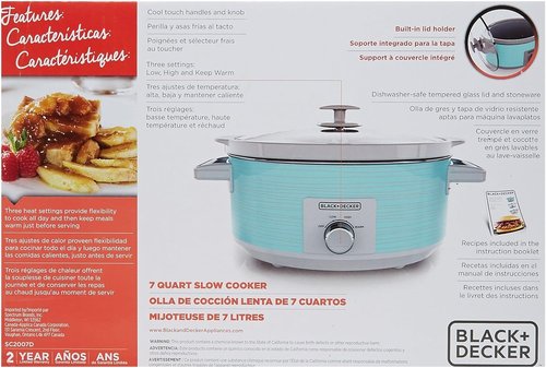 BLACK+DECKER 7-Quart Slow Cooker - Dishwasher Safe with Lid Holder & 3 Heat Settings - Teal