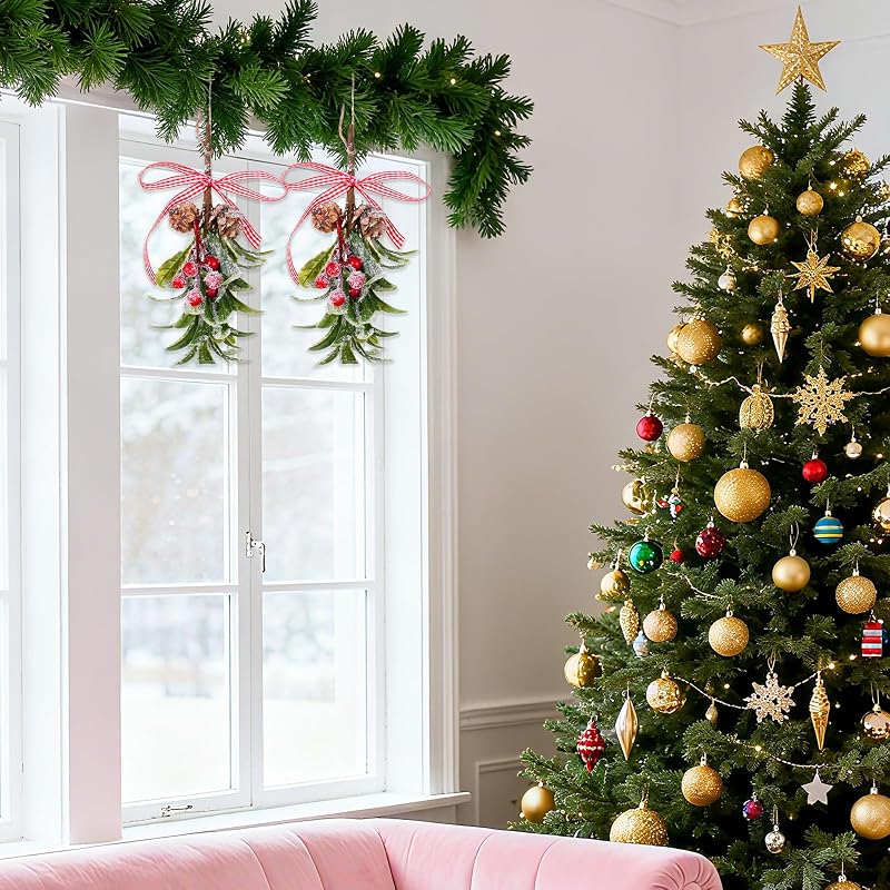 Mistletoe Christmas Decor Hanging with Plaid Bow, 2 Pcs, Red Berries – 10in Aesthetic Kissing Ball (Variation: Green+2)