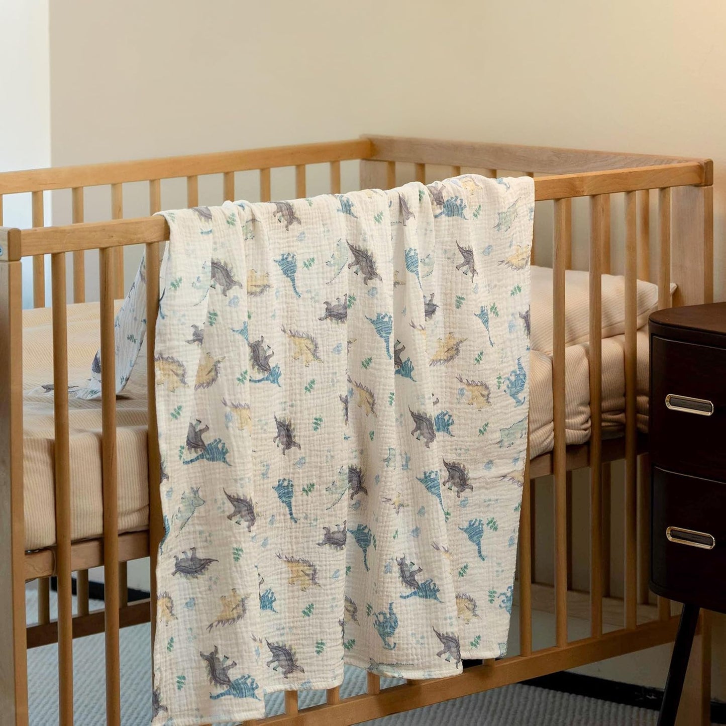 Skiennix Muslin Swaddle Blankets - 3 Pack Soft & Breathable Receiving Blankets | Large 38 x 40 Inches (Blue Dinosaur)