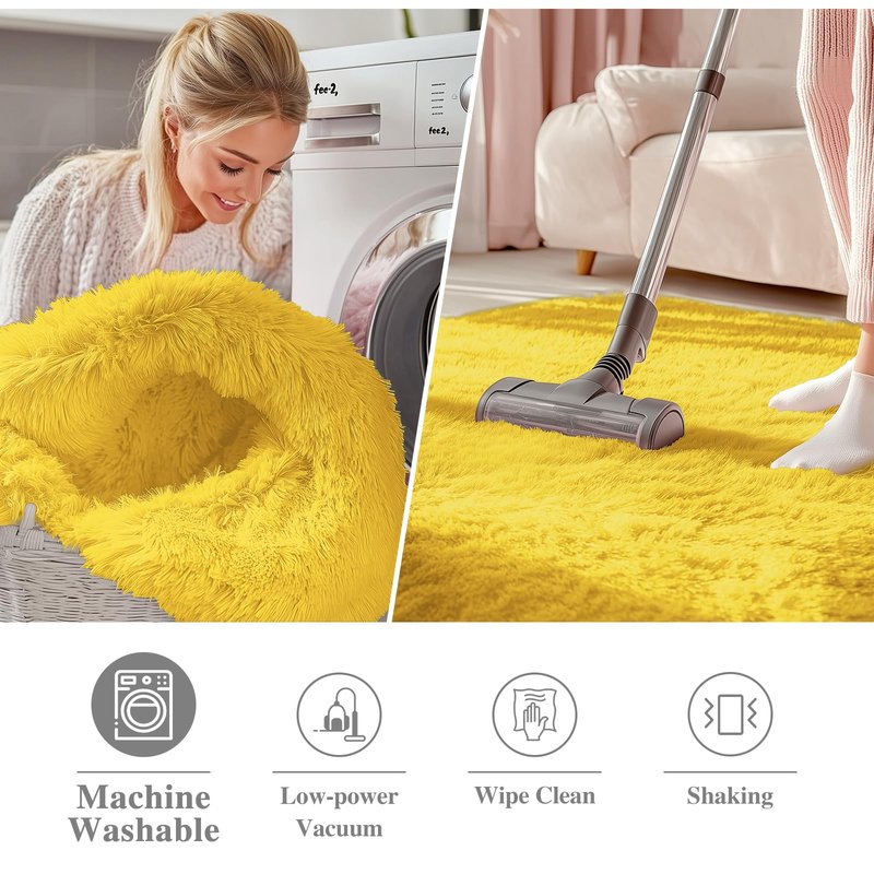 OLANLY Yellow Round Rugs for Bedroom - Machine Washable, 2 ft Circle Area Rugs for Living Room, Soft and Fluffy Shaggy Carpet for Teen Girl and Boys, Nursery Rooms, Dorms, Home Decor Aesthetic