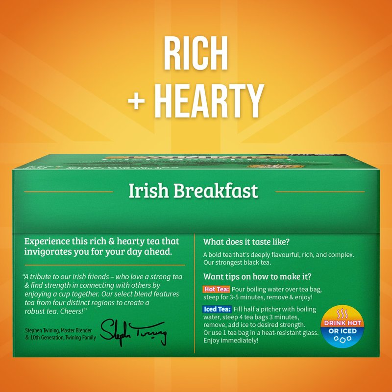 Twinings Irish Breakfast Black Tea Individually Wrapped Bags, 50 Count (Pack of 6), Flavourful, Bold, Robust, Caffeinated, Enjoy Hot or Iced, 300 Teabags