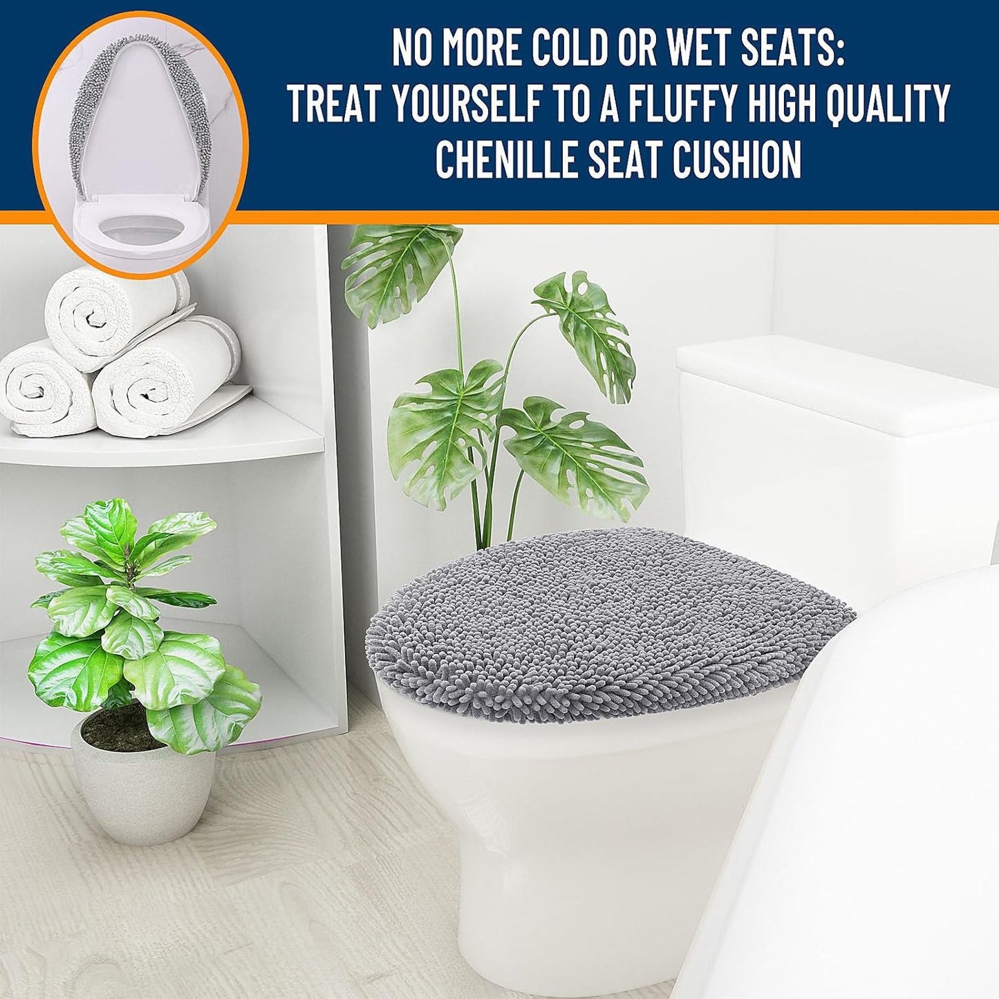 OLANLY Soft Chenille Toilet Lid Cover - Machine Washable, Non-Slip Rubber Backing | Gray, 17.5x15 Inches