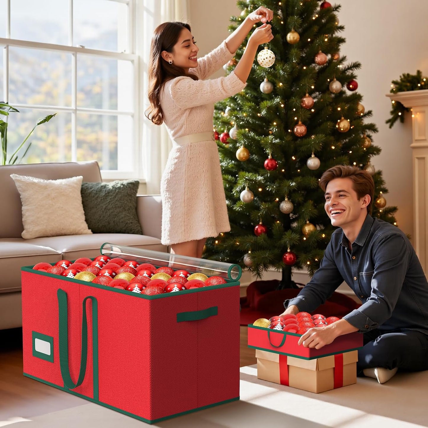 Skiennix Christmas Ornament Storage Box - Organize 128 Ornaments with Dual Zipper Closure & Adjustable Dividers | Large Holiday Decoration Container with 8 Trays