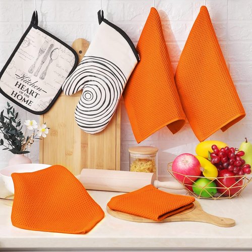 Homaxy Kitchen Dish Cloths - 100% Cotton Waffle Weave, Ultra Soft & Absorbent, 12x12 Inches, 6-Pack | Orange