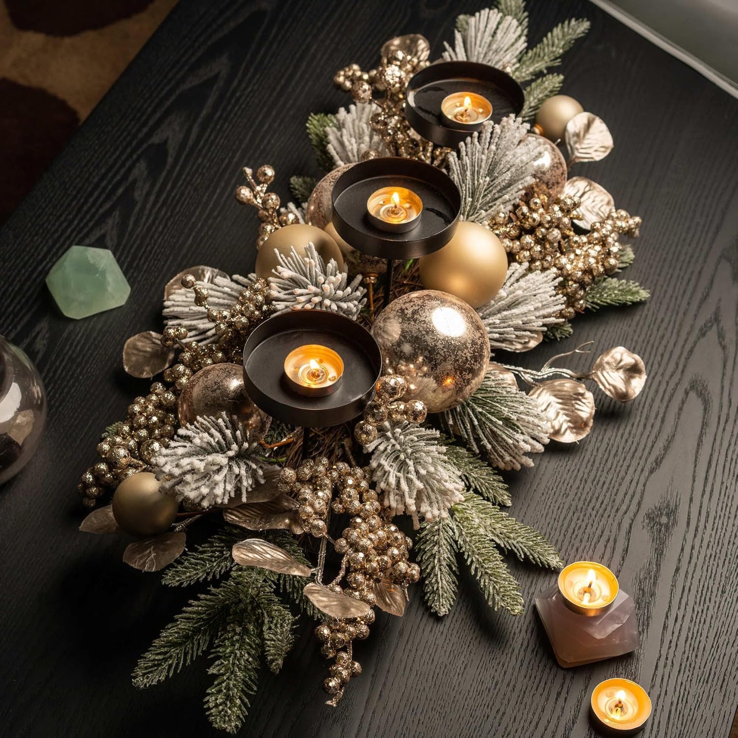 YULETIME 28" Christmas Triple Candelabrum - Elegant Holiday Candle Holder with Gold Baubles & Snowy Pine Needles