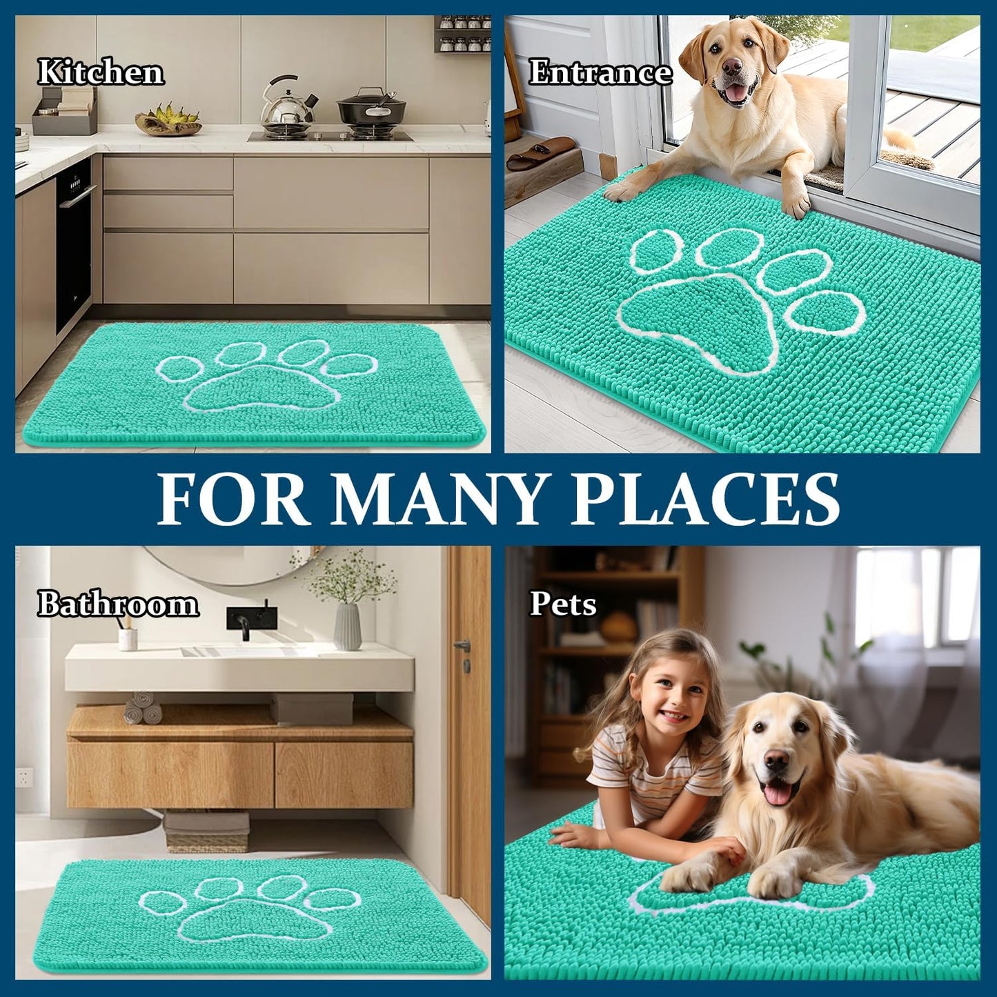 OLANLY Dog Door Mat - Absorbent Non-Slip Mud Mat for Muddy Paws | 59x35 Teal Paw Print Design