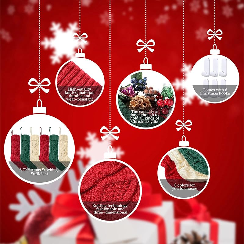 6-Pack 18 Inch Cable Knit Christmas Stockings with Hooks – White, Green, Red