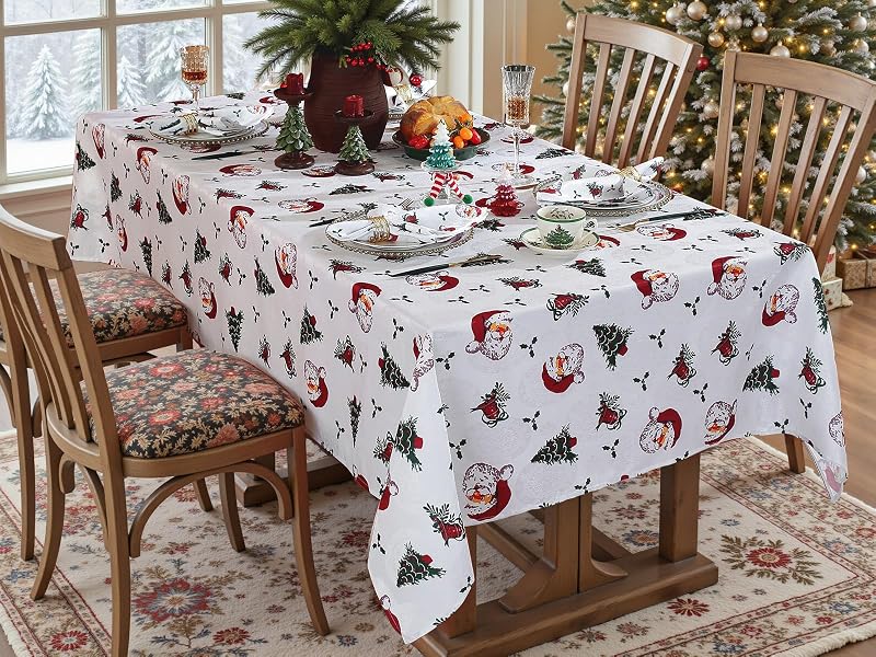 White Christmas Tablecloth 60 x 102 Inch Waterproof Damask Jacquard Rectangular