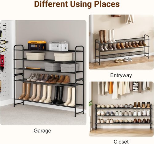 KEETDY 3-Tier Long Shoe Rack - Sturdy Metal Organizer for Entryway | Stackable Black Storage Shelf