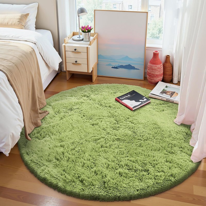 OLANLY Grass Green Round Rugs for Bedroom - Machine Washable, 8 ft Circle Area Rugs for Living Room, Soft and Fluffy Shaggy Carpet for Teen Girls and Boys, Nursery Rooms, Dorms, Home Decor Aesthetic